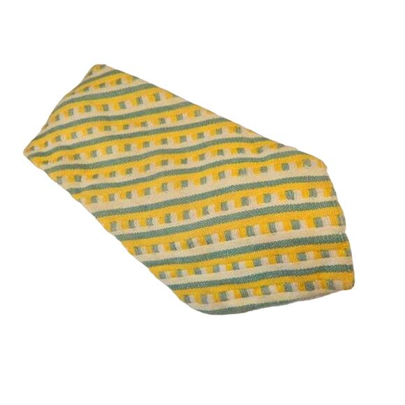 Vintage Wide Tie, Yellow Green Cream Striped Checked Woven Necktie, 1970s Tie - Picture 5 of 5